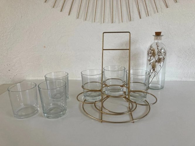 19⚜️ Ancien Ensemble Service à 6 Verres Support Doré Porte Verres Whisky Vintage