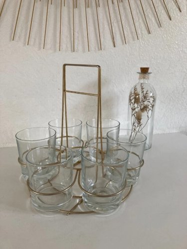 19⚜️ Ancien Ensemble Service à 6 Verres Support Doré Porte Verres Whisky Vintage