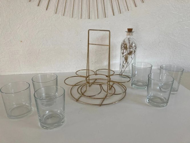 19⚜️ Ancien Ensemble Service à 6 Verres Support Doré Porte Verres Whisky Vintage