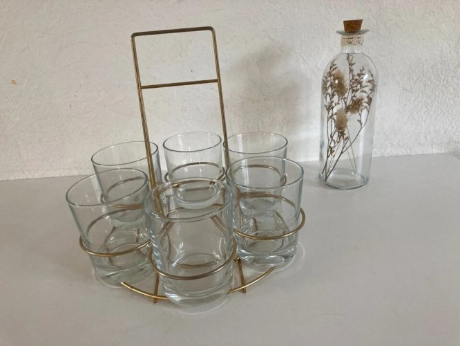 19⚜️ Ancien Ensemble Service à 6 Verres Support Doré Porte Verres Whisky Vintage
