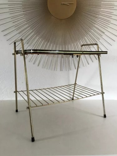 19 ⚜️ Ancienne Desserte Range Disque Vinyle En Laiton Plateau en Formica Vintage