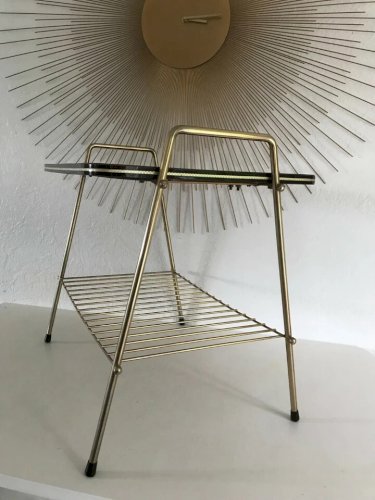 19 ⚜️ Ancienne Desserte Range Disque Vinyle En Laiton Plateau en Formica Vintage