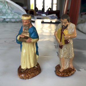 2 ANCIEN SANTON CRÈCHE NOËL ROI MAGE BERGER JOUEUR BINIOU DEVINEAU PLÂTRE 7,5 CM