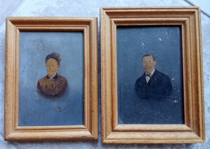 2 Ancien Tableau Portrait Ancienne Peinture Huile Sur Bois Signé 19 Ème Siècle