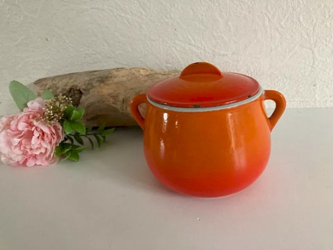 2 ⚜️ Ancienne Cocotte Caquelon en Fonte Émaillée Orange Le Creuset Vintage
