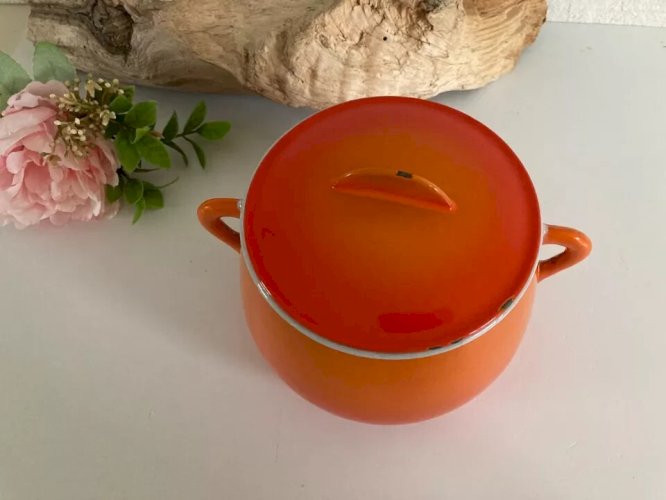 2 ⚜️ Ancienne Cocotte Caquelon en Fonte Émaillée Orange Le Creuset Vintage