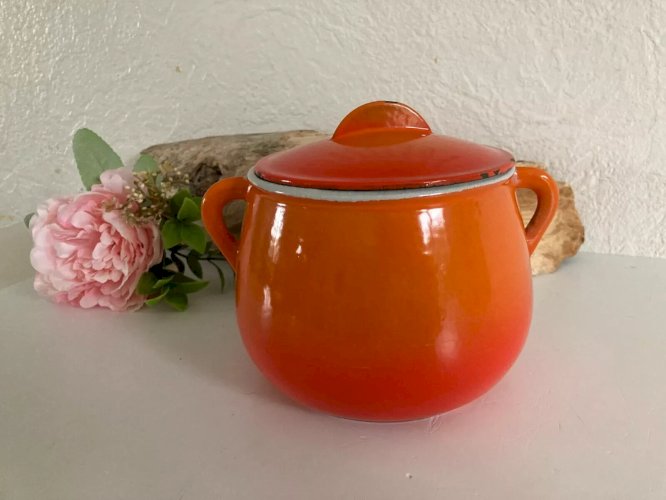 2 ⚜️ Ancienne Cocotte Caquelon en Fonte Émaillée Orange Le Creuset Vintage