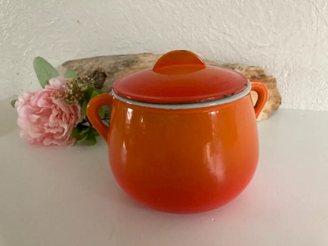 2 ⚜️ Ancienne Cocotte Caquelon en Fonte Émaillée Orange Le Creuset Vintage