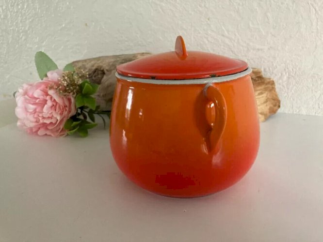 2 ⚜️ Ancienne Cocotte Caquelon en Fonte Émaillée Orange Le Creuset Vintage