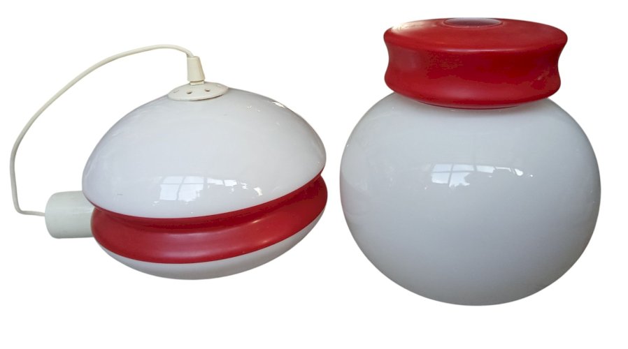 2 Ancienne suspension Plafonnier boule globe verre blanc Luminaire Vintage 1970