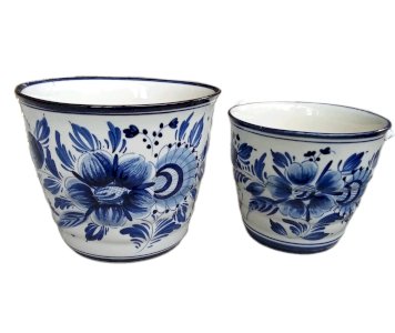 2 antique Delft Holland ceramic planters Floral Flowers Blue White