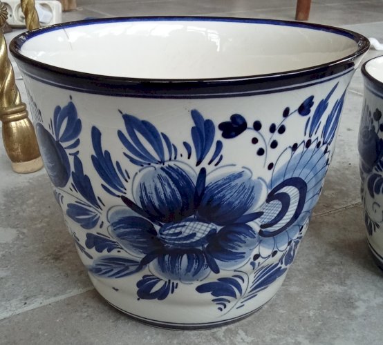 2 anciens cache pot céramique Delft Hollande Décor Fleurs Floral Bleu Blanc