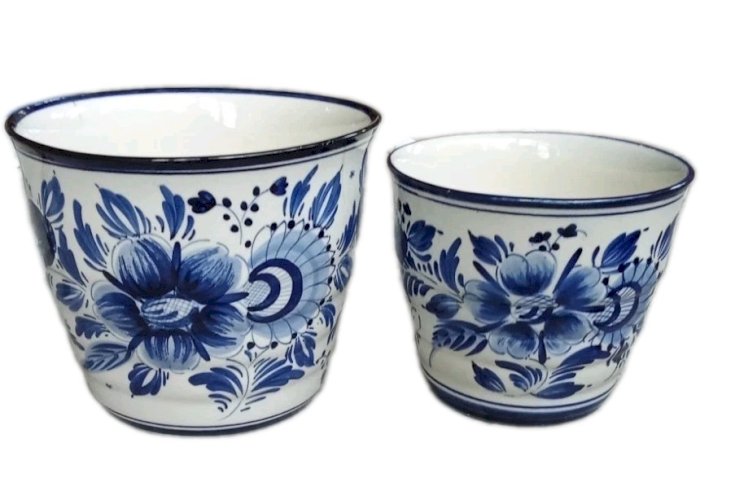 2 anciens cache pot céramique Delft Hollande Décor Fleurs Floral Bleu Blanc