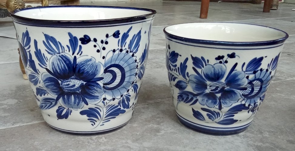 2 anciens cache pot céramique Delft Hollande Décor Fleurs Floral Bleu Blanc
