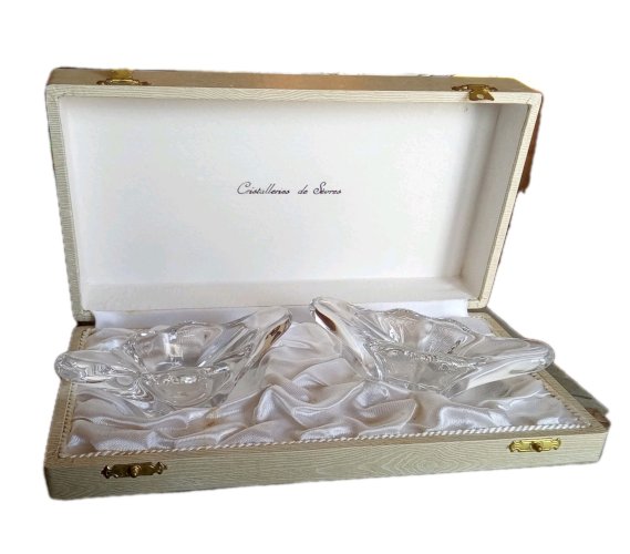 2 Anciens salerons cristal de Sèvres cuillères coffret Origine Art De La Table