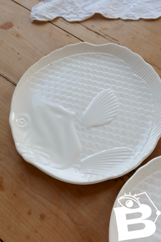 2 assiettes poissons barbotine Salins décor blanc-