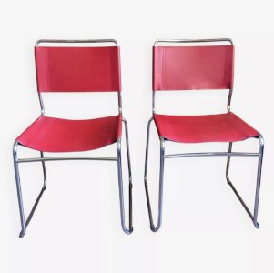 2 chaises tubulaires en croute de cuir Rouge Italy, Design 1970
