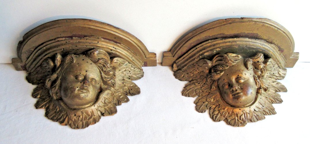 2 consoles murales, sculptures XIXème en bois: Angelots à redorer, Napoléon III