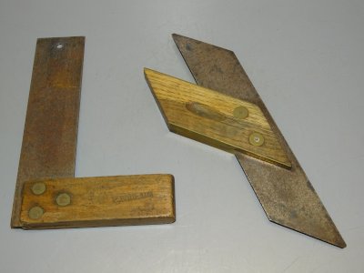 - 2 ANTIQUE SQUARES WOOD & METAL 1 MARKED GOLDENBERG & P POULAIN TOOLS D