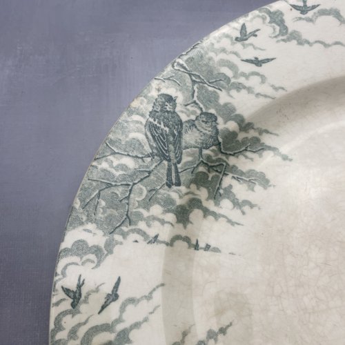 2 grandes assiettes plats SARREGUEMINES U&C décor NEIGE oiseaux Diam.~26 & 27cm