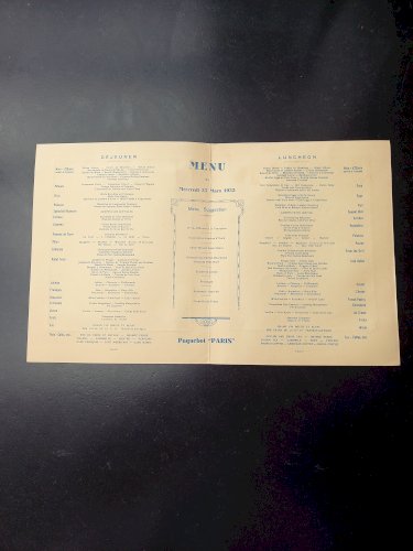 2 Menus de collection du Paquebot " Paris " de 1935