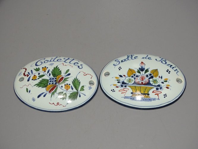 -2 PLAQUES DECORATIVES de PORTE FAÏENCE ST ROMAIN TOILETTES & SALLE de BAIN    D
