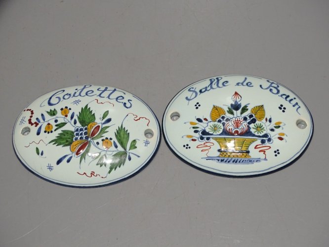 -2 PLAQUES DECORATIVES de PORTE FAÏENCE ST ROMAIN TOILETTES & SALLE de BAIN    D