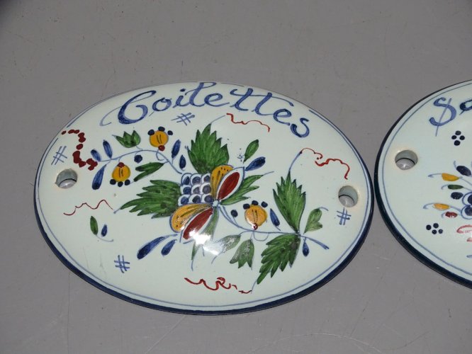 -2 PLAQUES DECORATIVES de PORTE FAÏENCE ST ROMAIN TOILETTES & SALLE de BAIN    D