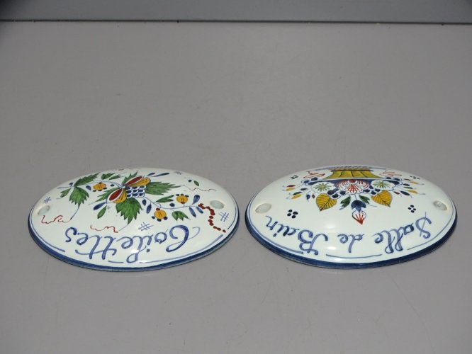 -2 PLAQUES DECORATIVES de PORTE FAÏENCE ST ROMAIN TOILETTES & SALLE de BAIN    D