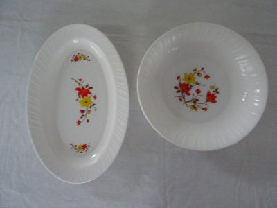  2 PLATS OVALE  ROND  FLORE  FLEURS  ORANGE ET JAUNE  ARCOPAL 130223