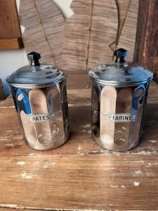 2 antique chrome metal spice jars