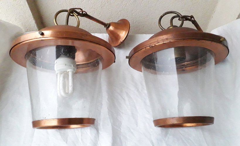 2 suspensions en métal cuivré et verre
