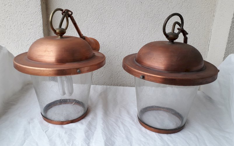 2 suspensions en métal cuivré et verre