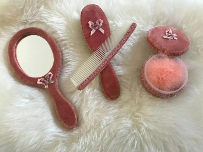 20⚜️ Ancien Ensemble Brosse à Cheveux Miroir et Peigne Rose Fapex Vintage