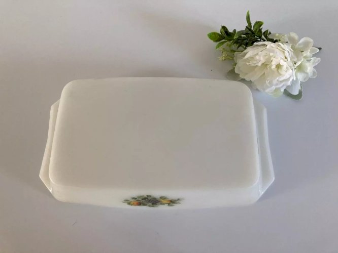 20⚜️ Ancien Plat Four Rectangle Arcopal France Décor Fruit en Verre Opale
