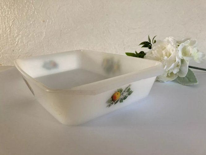 20⚜️ Ancien Plat Four Rectangle Arcopal France Décor Fruit en Verre Opale