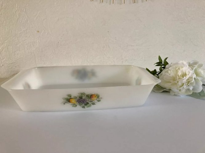 20⚜️ Ancien Plat Four Rectangle Arcopal France Décor Fruit en Verre Opale