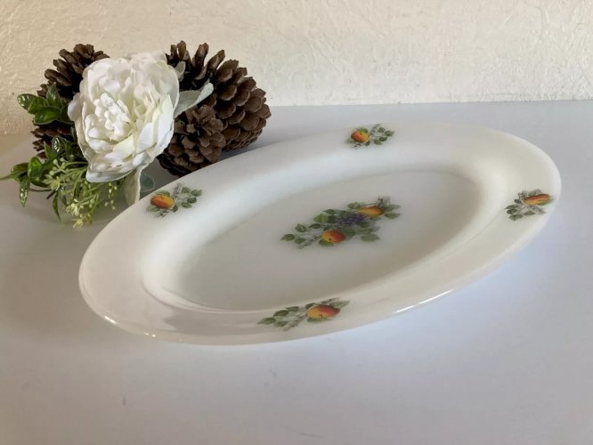20⚜️ Ancien Plat Ovale Arcopal France Décor Fruit en Verre Opale Vintage