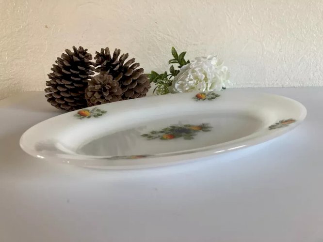 20⚜️ Ancien Plat Ovale Arcopal France Décor Fruit en Verre Opale Vintage