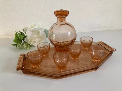20⚜️ Ancien Service à Liqueur en Verre Couleur Rose Avec Plateau Vintage