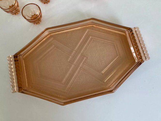 20⚜️ Ancien Service à Liqueur en Verre Couleur Rose Avec Plateau Vintage