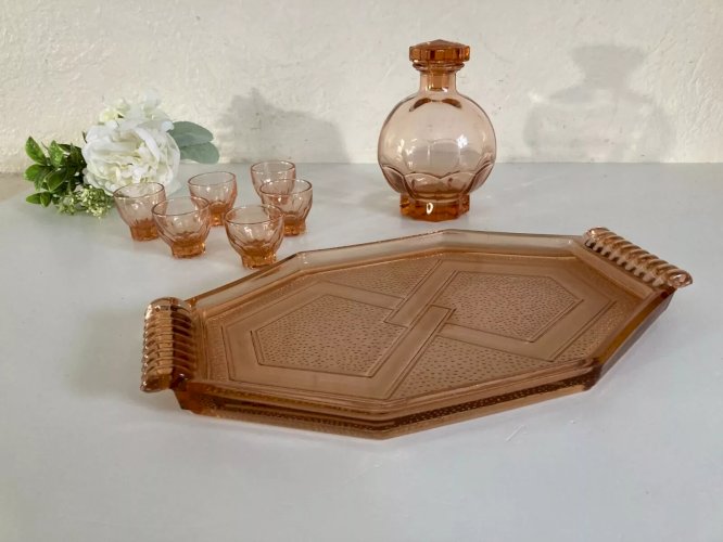 20⚜️ Ancien Service à Liqueur en Verre Couleur Rose Avec Plateau Vintage