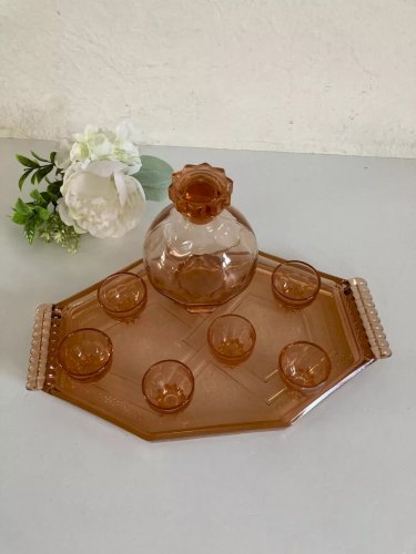 20⚜️ Ancien Service à Liqueur en Verre Couleur Rose Avec Plateau Vintage