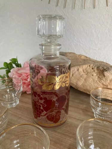 20⚜️ Ancienne Bouteille Carafe à Liqueur en Verre Avec 6 Verres Vintage