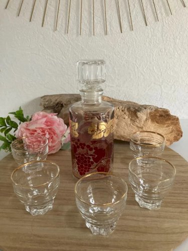 20⚜️ Ancienne Bouteille Carafe à Liqueur en Verre Avec 6 Verres Vintage