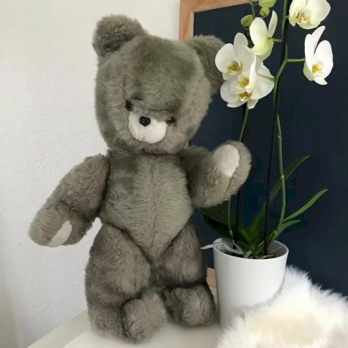 22 ⚜ Ancienne Peluche Doudou Ours Nounours Vintage Gris H 55 Cm Made in France
