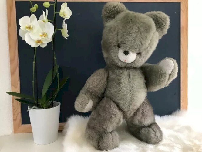 22 ⚜ Ancienne Peluche Doudou Ours Nounours Vintage Gris H 55 Cm Made in France