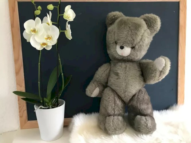 22 ⚜ Ancienne Peluche Doudou Ours Nounours Vintage Gris H 55 Cm Made in France