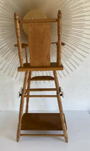 22 ⚜️ Jouet Ancienne Chaise Haute De Poupée en Bois Vintage Hauteur 72 Cm
