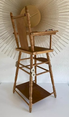 22 ⚜️ Jouet Ancienne Chaise Haute De Poupée en Bois Vintage Hauteur 72 Cm